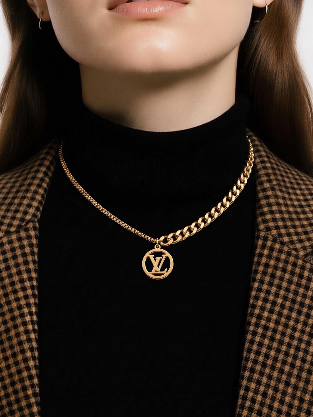 Stainless steel Fashion Jewelry Gold Mixed-Link Necklace with Round Pendant